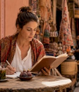 Traveler planning Morocco trip budget at outdoor café