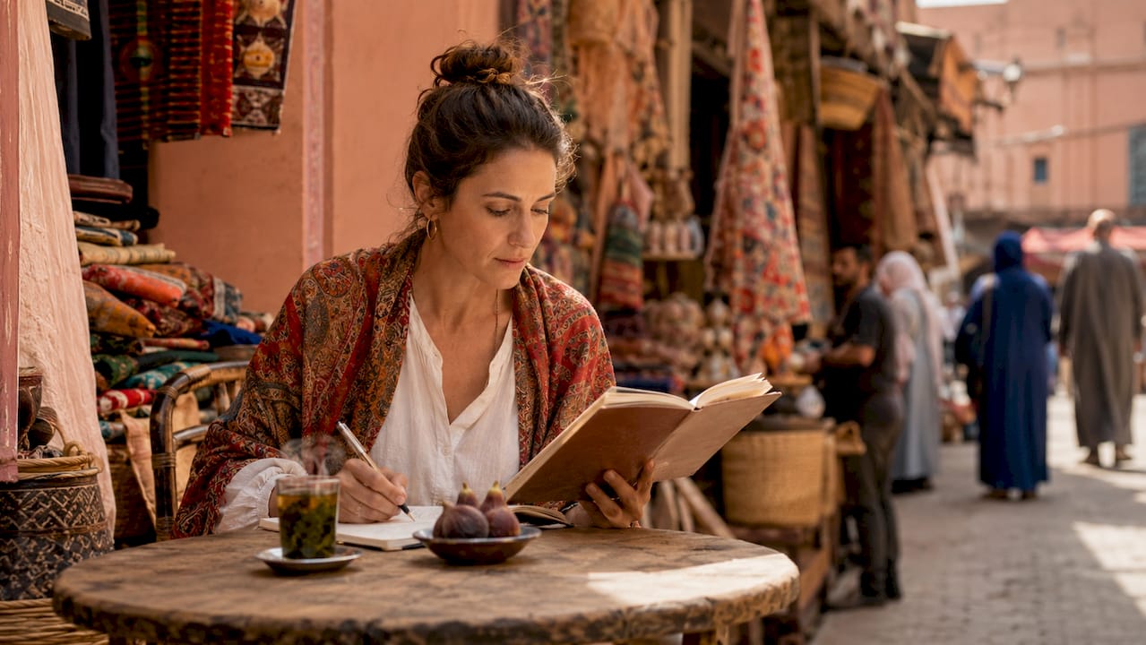 Traveler planning Morocco trip budget at outdoor café