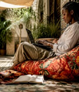 Digital nomad working in a Moroccan café courtyard
