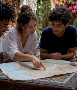 Students planning Morocco educational travel in riad courtyard
