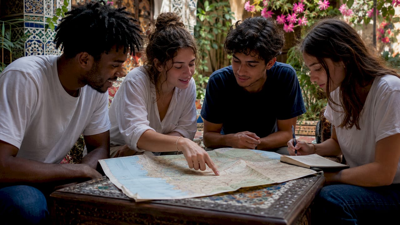 Students planning Morocco educational travel in riad courtyard