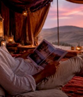 Traveler relaxing in luxury desert camp tent at sunset
