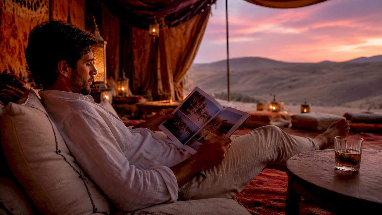 Traveler relaxing in luxury desert camp tent at sunset