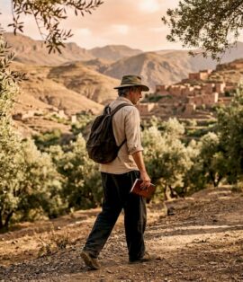 Traveler walking along quiet Moroccan coastal village shore