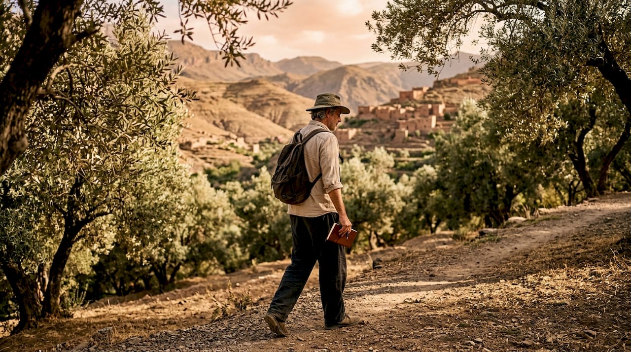 Traveler walking along quiet Moroccan coastal village shore