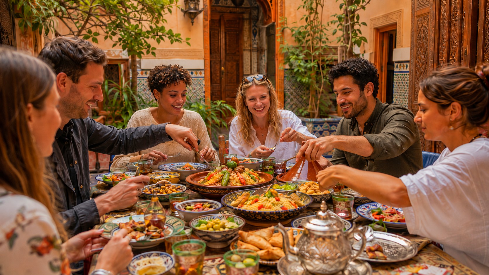 Tourists sharing traditional Moroccan food around a table in a riad